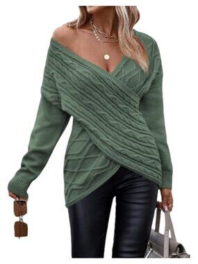 Women's V-Neck Cable Knit Pullover Sweater, Long Sleeve Wrap Front
